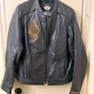 Harley-Davidson Black Leather Jacket with Orange Embroidered Crest XL